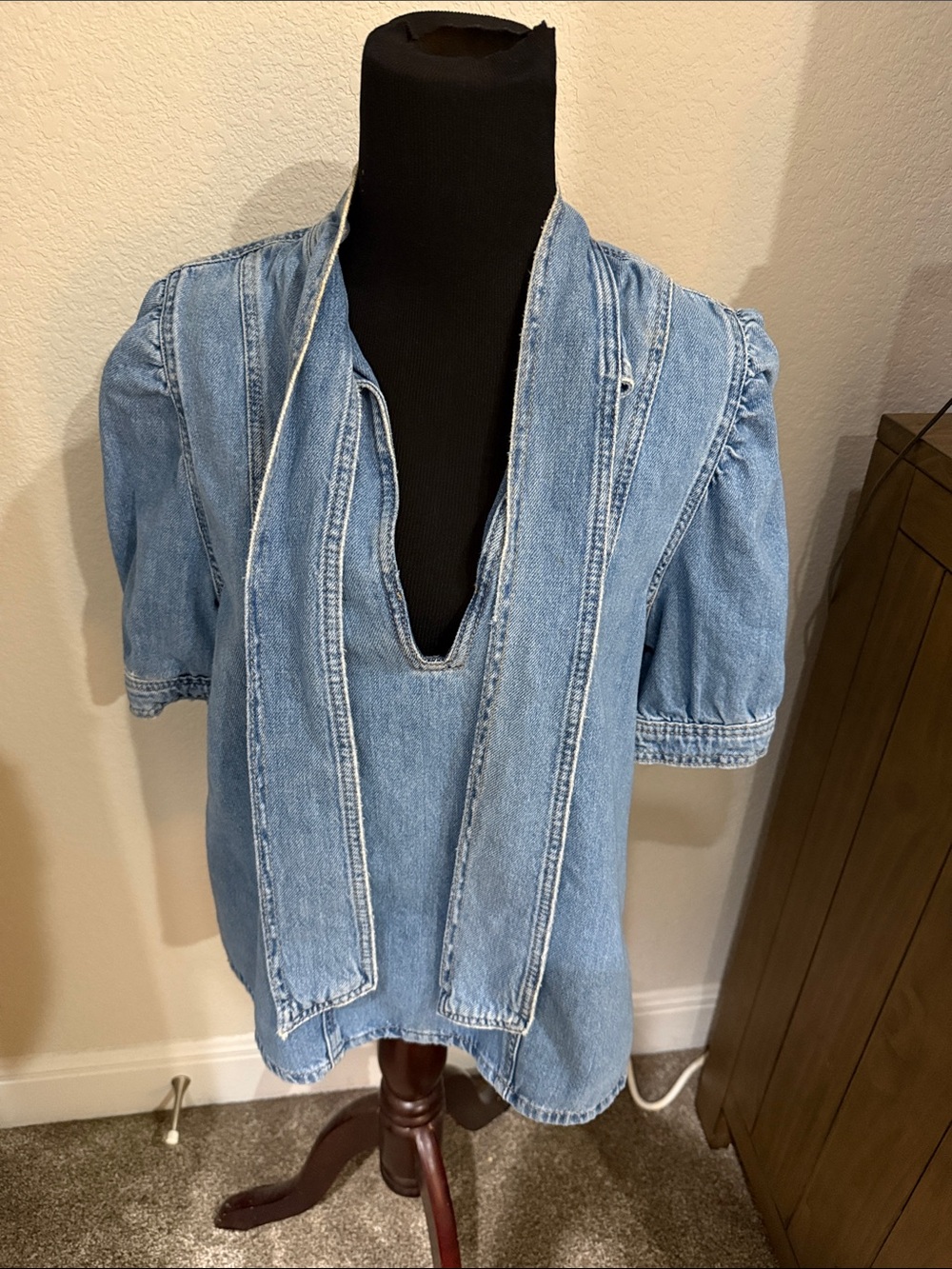 Zara Light Blue Denim Tie-Neck Blouse - Picture 3 of 4